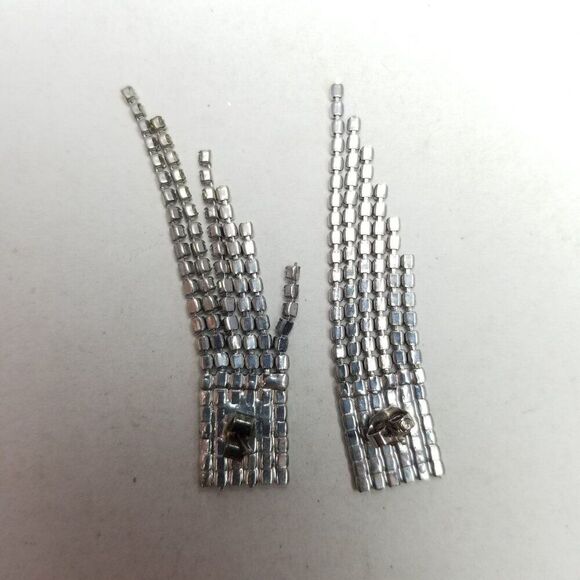 Vintage Fringe Dangle Rhinestone Stud Earrings, Silver Tone 80s 90s Style Estate - Picture 2 of 4